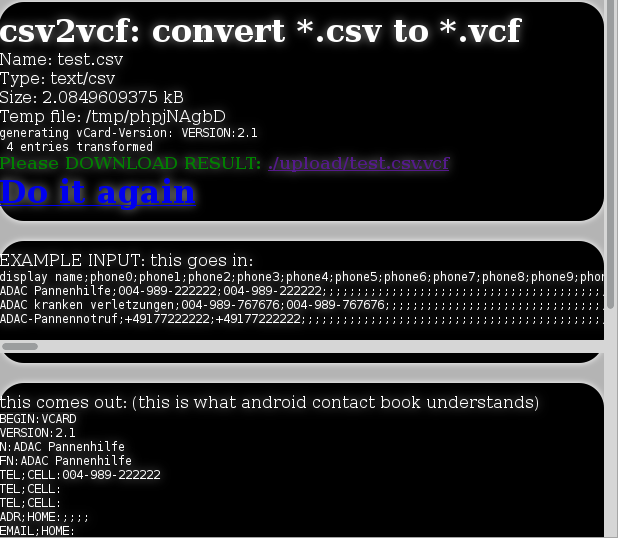 Download web tool or web app csv2vcf in php