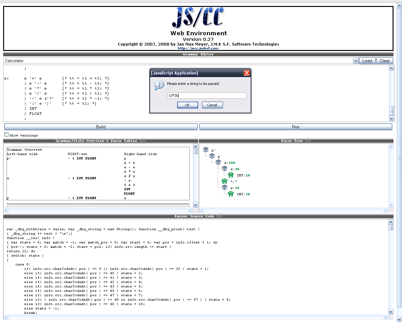 Download web tool or web app JS/CC LALR(1) Parser Generator