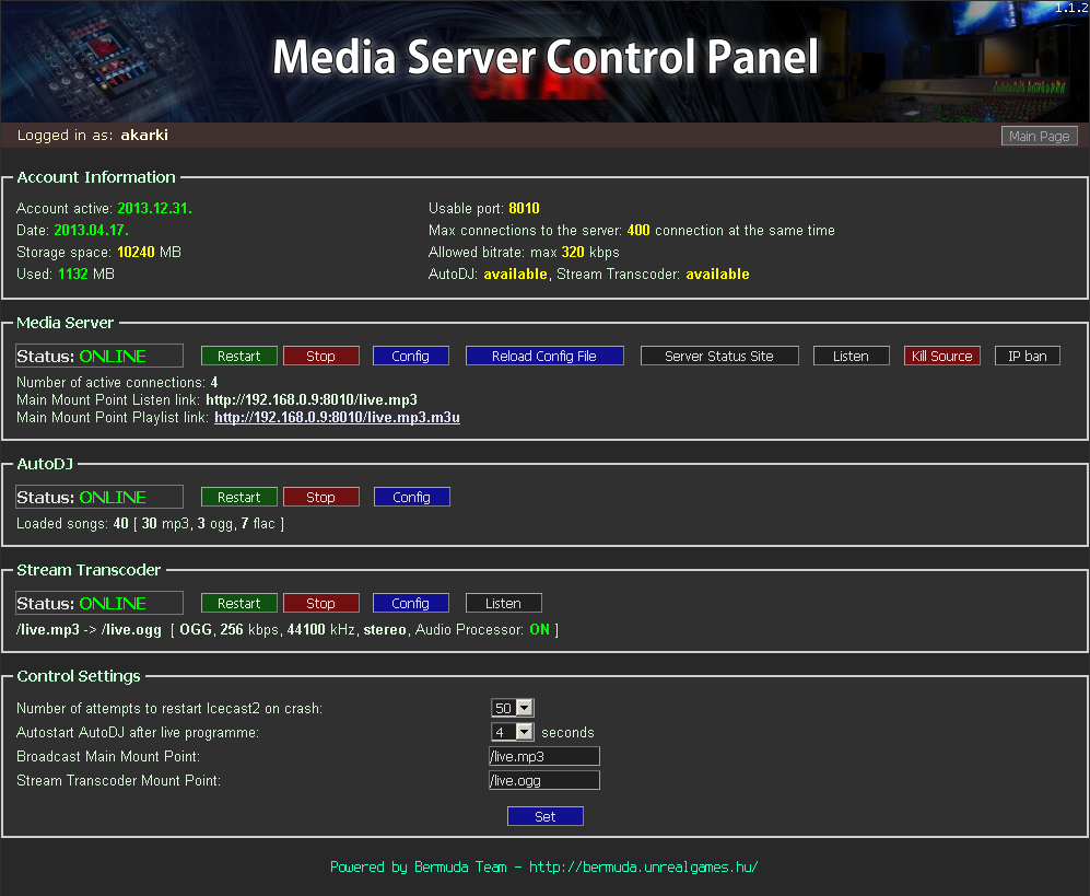 Download web tool or web app Media Server Control Panel