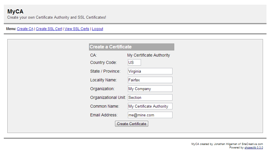 Download web tool or web app MyCA - Easy Self-Signed SSL