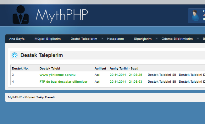 Download web tool or web app MythPHP - Müşteri Takip Sistemi