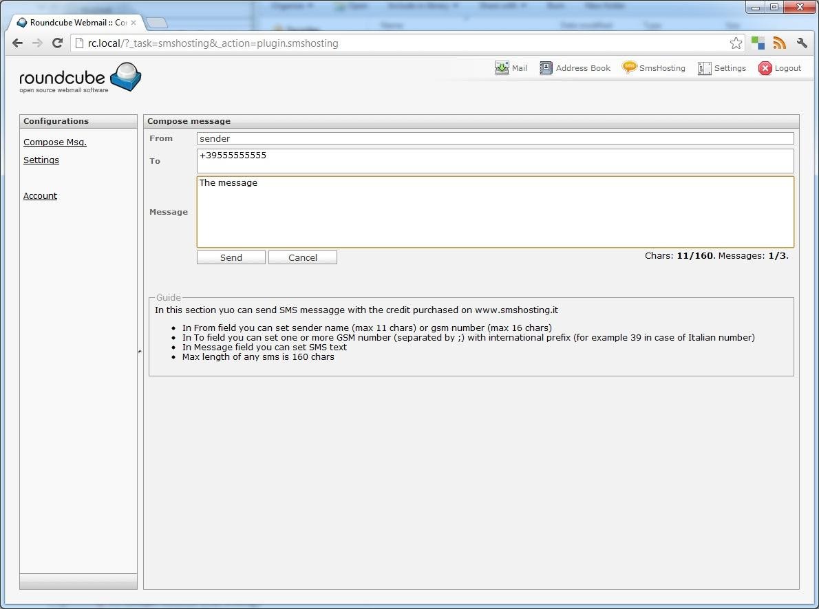 Download web tool or web app Roundcube Smshosting plugin