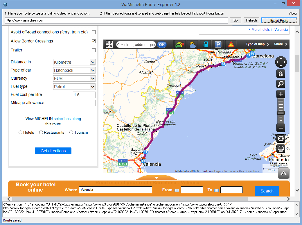 Download web tool or web app ViaMichelin Route Exporter
